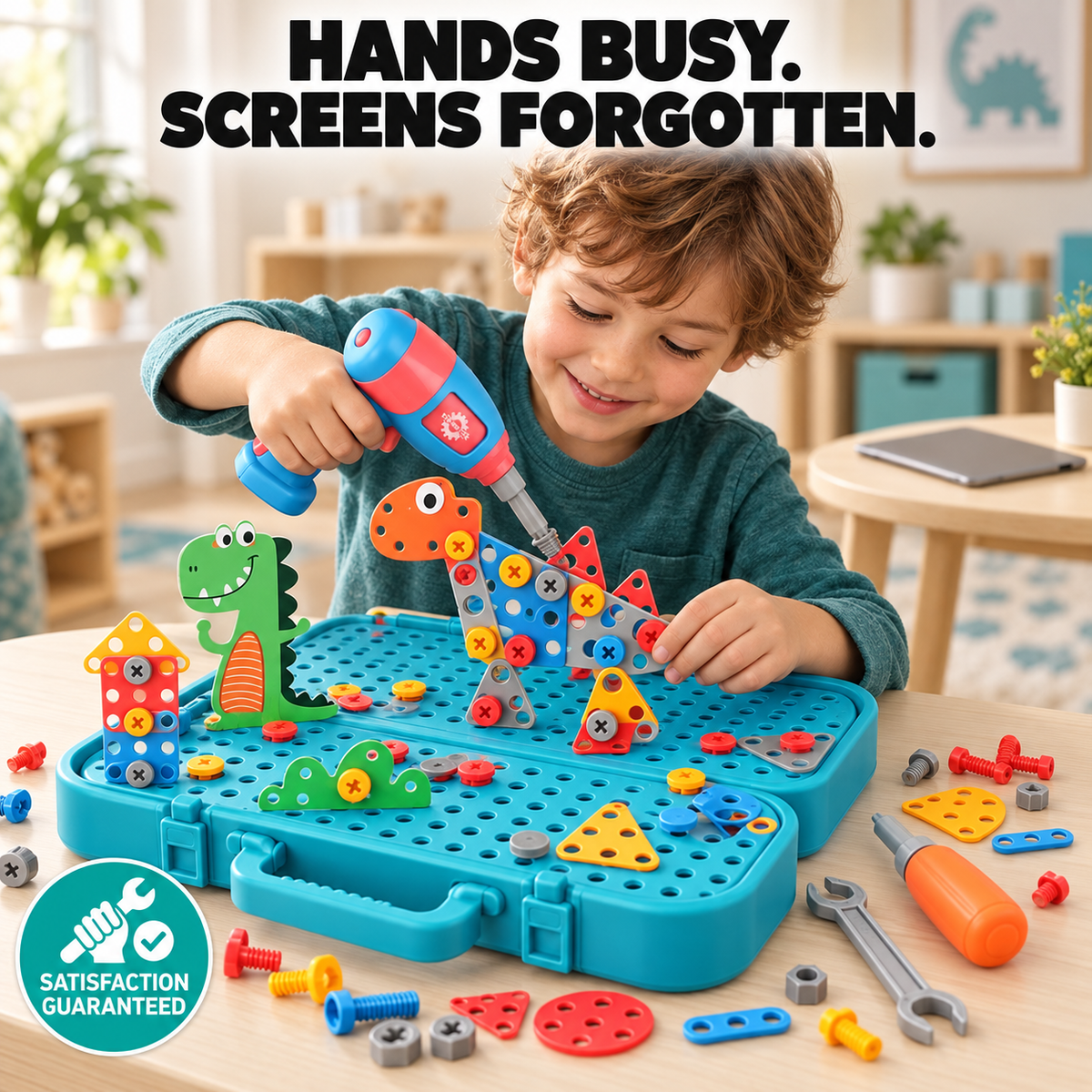 Kids Construction Play Set Toy Drill, Screws & Building Board for Fine Motor Skills
