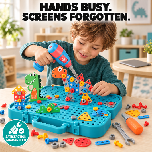 Kids Construction Play Set Toy Drill, Screws & Building Board for Fine Motor Skills