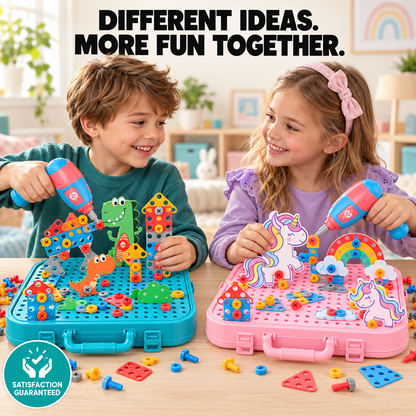 Kids Construction Play Set Toy Drill, Screws & Building Board for Fine Motor Skills