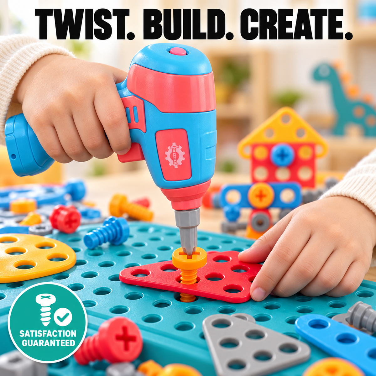 Kids Construction Play Set Toy Drill, Screws & Building Board for Fine Motor Skills