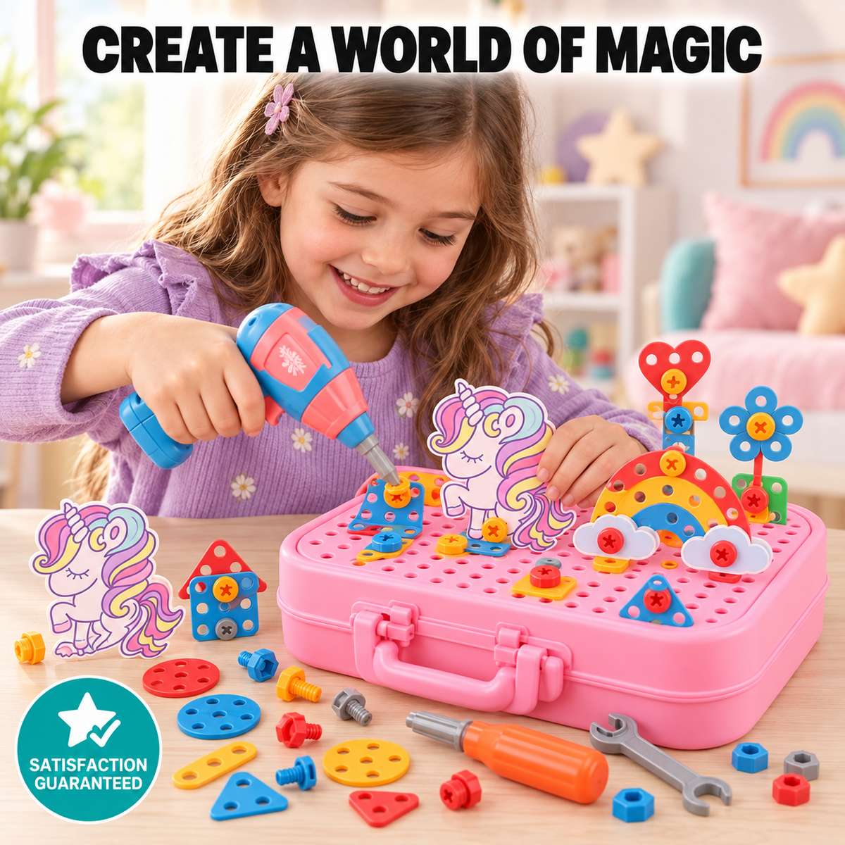 Kids Construction Play Set Toy Drill, Screws & Building Board for Fine Motor Skills
