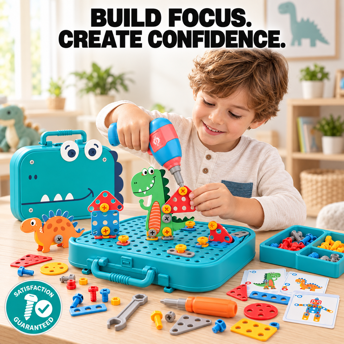 Kids Construction Play Set Toy Drill, Screws & Building Board for Fine Motor Skills