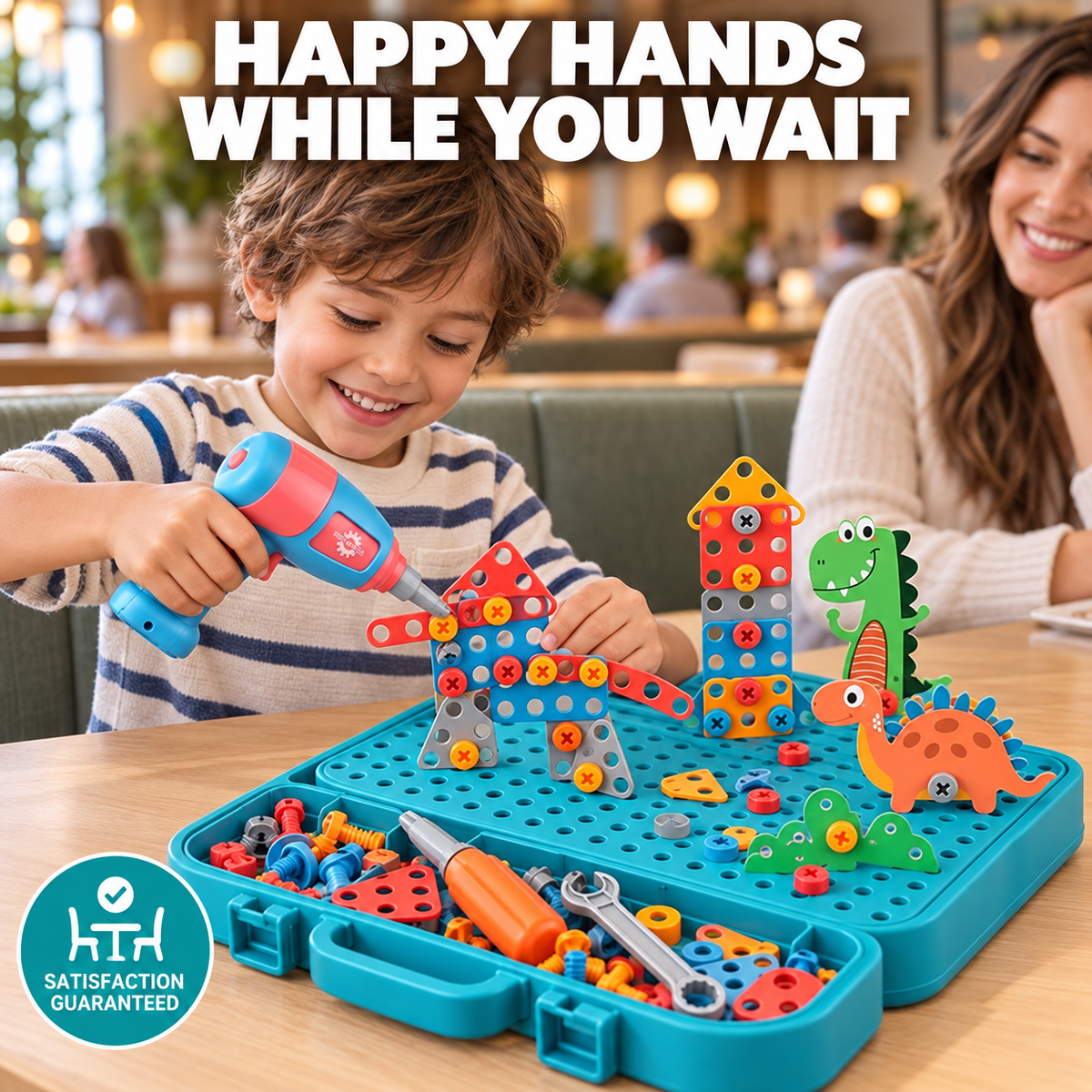 Kids Construction Play Set Toy Drill, Screws & Building Board for Fine Motor Skills
